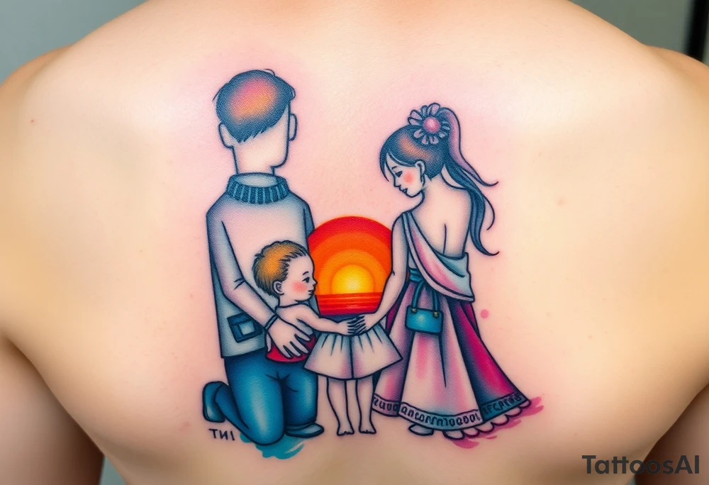 Family 2 parents, 1 baby boy, one young girls with colour around the caracters and empty caracters and sunrise tattoo idea