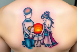 Family 2 parents, 1 baby boy, one young girls with colour around the caracters and empty caracters and sunrise tattoo idea