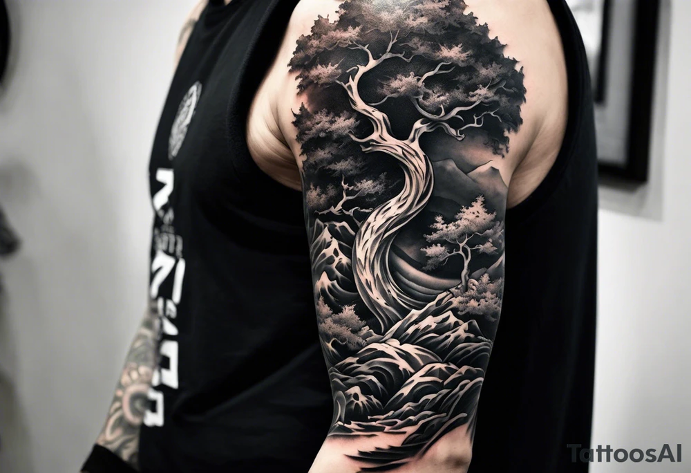 Full arm sleeve, tree going up to shoulder dead tree going down to wrist, wrapped in a serpent moving down with mountain, water, and demon tattoo idea