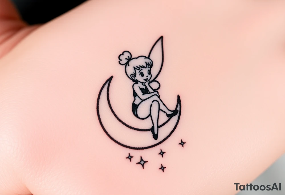 Tinkerbell sitting on a half moon thrown pixie dust tattoo idea