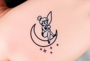 Tinkerbell sitting on a half moon thrown pixie dust tattoo idea