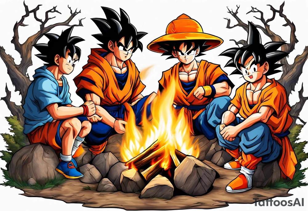 son goku and his friends sitting around a camp fire tattoo idea