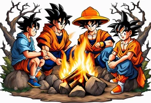 son goku and his friends sitting around a camp fire tattoo idea