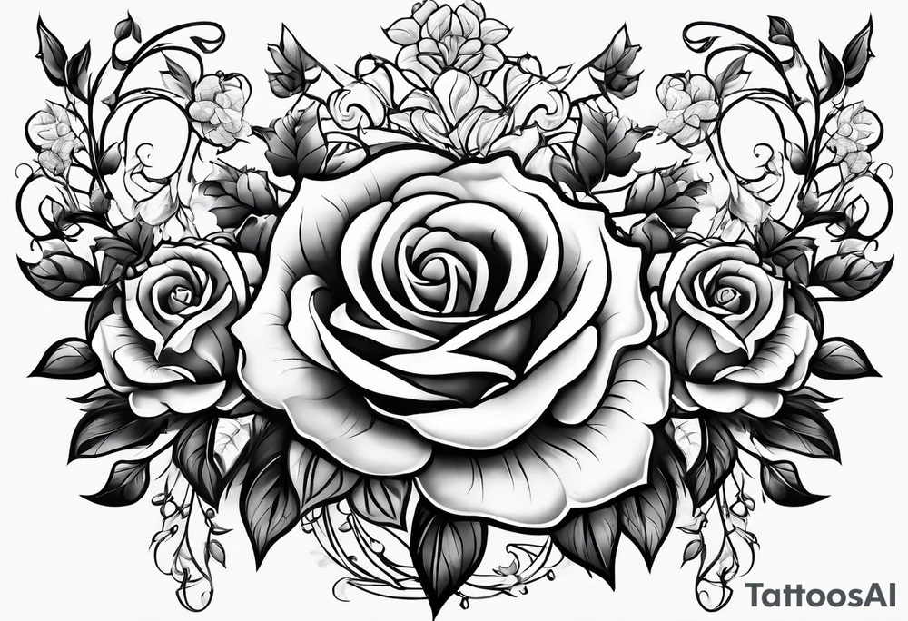 draw image of sleeve tattoo that has 65 small roses on a vine, they can be different sizes, tattoo idea