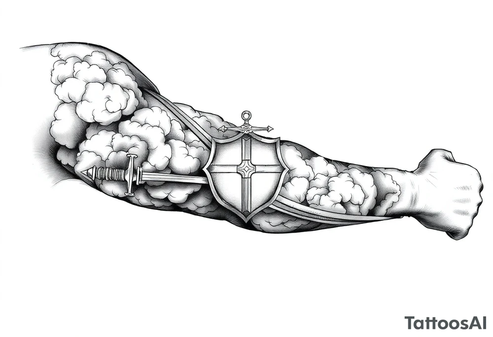 clouds, sword, shield, cross tattoo idea
