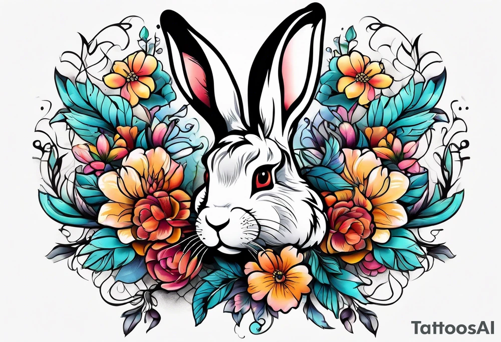 Rabbit head and flowers tattoo idea