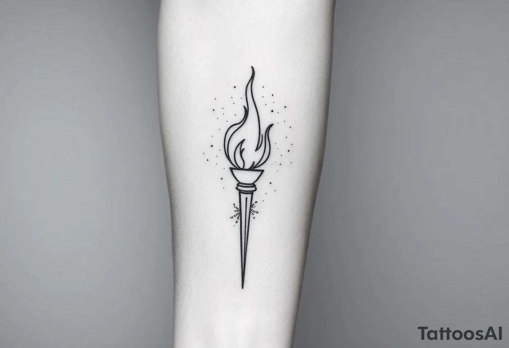 Black-ink forearm tattoo of an abstract torch representing a father’s legacy passed to his son. Torch flame is minimalistic lines and particle flow, fragmented at the base (father’s unfinished work) and bright/solid at the top (son continuing the legacy). Subtle abstract figure of father integrated at the top as if guiding or cheering. Include date VI·IV·MMXXIII hidden in linework and optional phrase “Building what he couldn’t”. Clean, vertical layout, minimalistic, fine-line, black ink only, emotionally resonant. tattoo idea