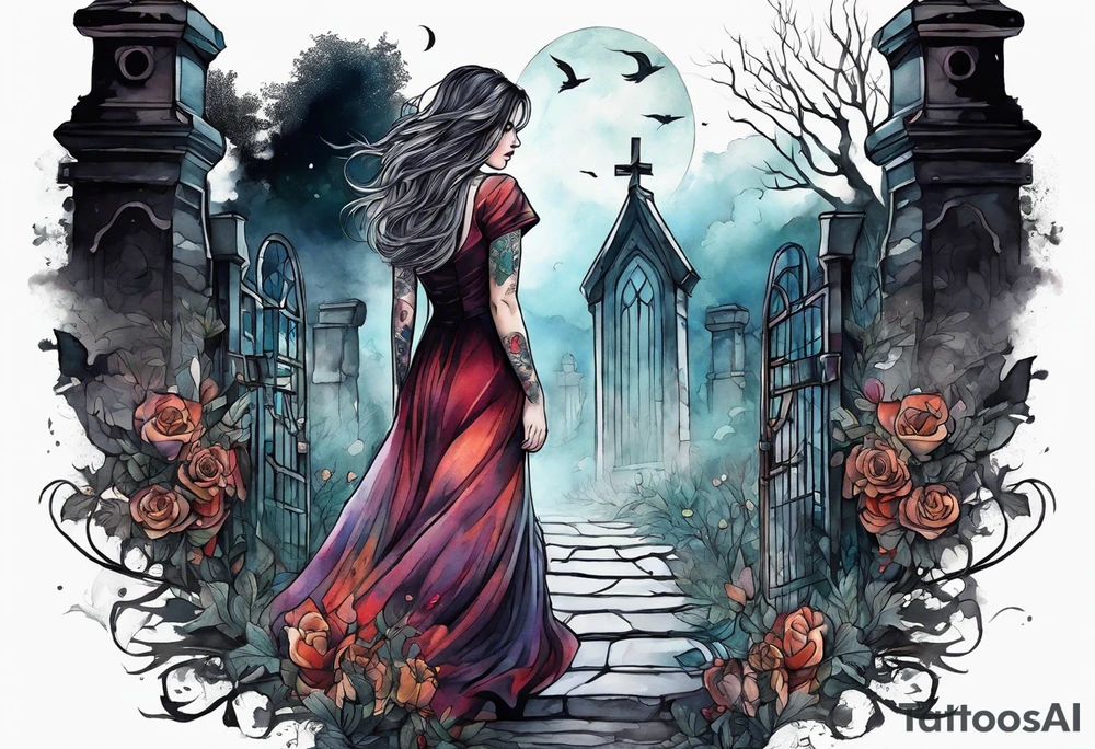 Woman walking out of a graveyard  leaving her old terrifying past behind her ethereal and mysterious tattoo idea