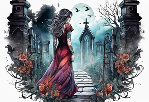 Woman walking out of a graveyard  leaving her old terrifying past behind her ethereal and mysterious tattoo idea