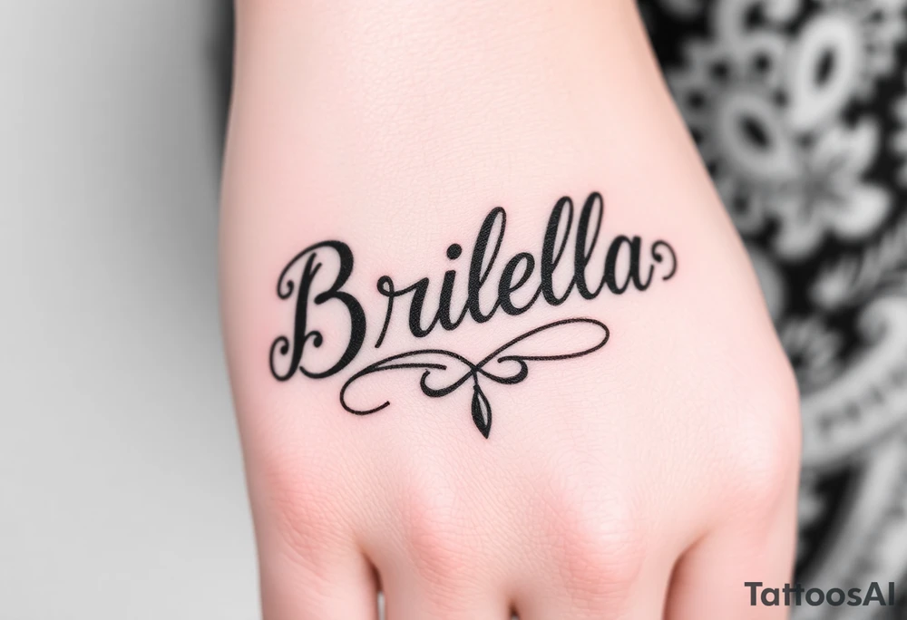 "Briella" in gangsterfont on hand along thumb tattoo idea