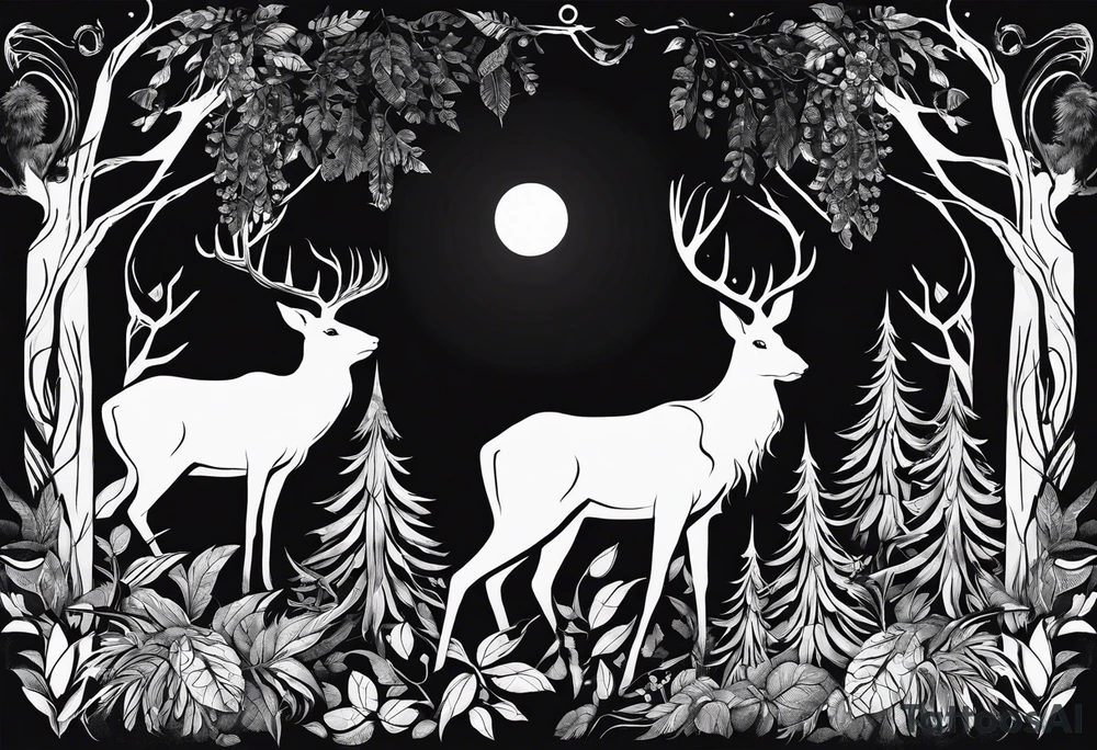 long black silhouettes with white eyes in a big dark forest tattoo idea