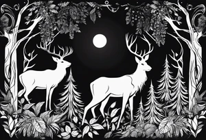 long black silhouettes with white eyes in a big dark forest tattoo idea