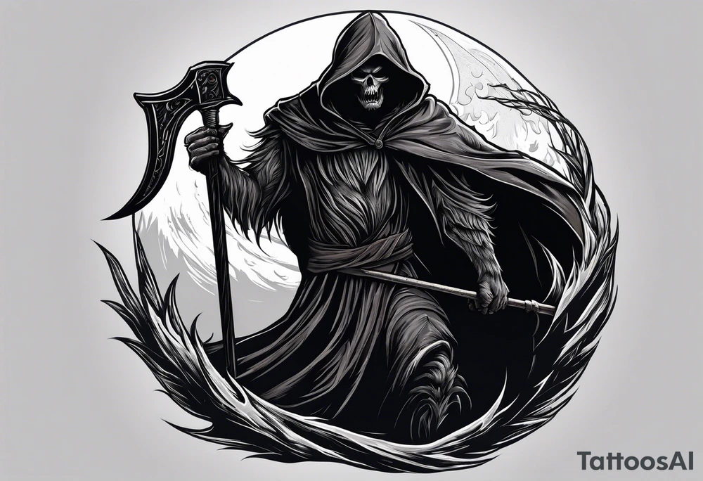 A werewolf that is the grim reaper holding a scythe tattoo idea