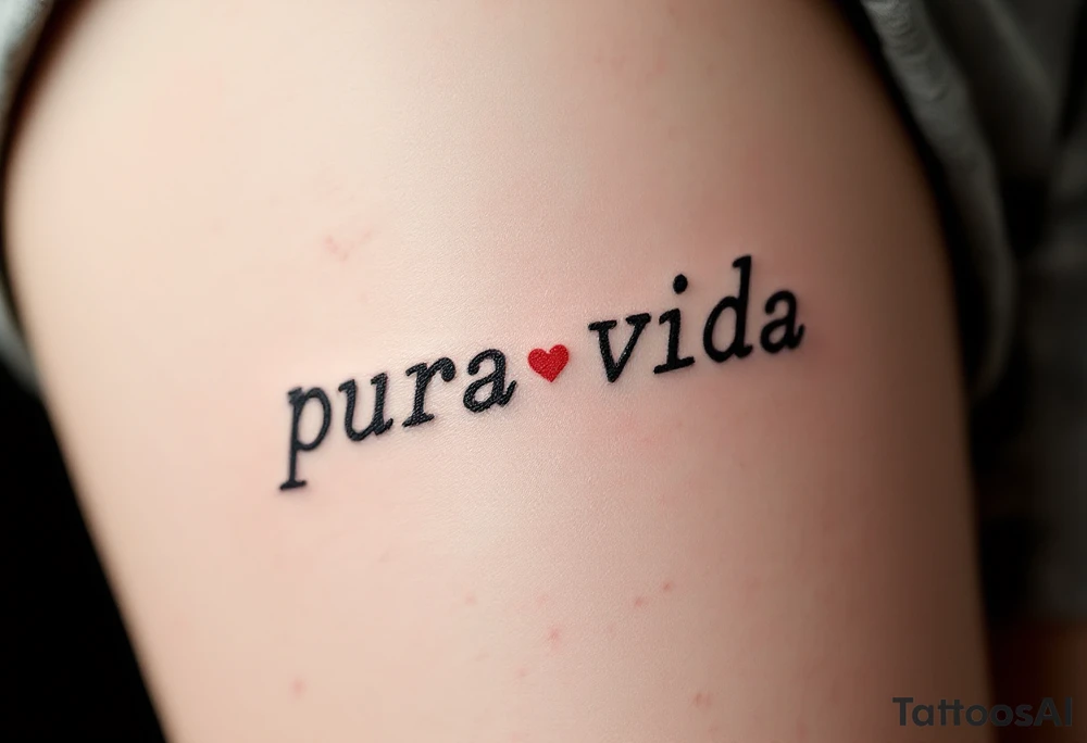 Tiny “Pura Vida” in typewriter font with a single delicate red heart replacing the dot on the “i.” tattoo idea