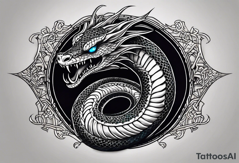 Venomous Serpent Coiling: A realistic tattoo of a venomous serpent, its fangs bared and eyes glowing, coiling around the arm with intricate scales and a menacing expression. tattoo idea
