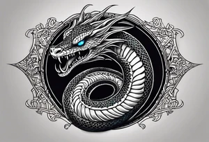 Venomous Serpent Coiling: A realistic tattoo of a venomous serpent, its fangs bared and eyes glowing, coiling around the arm with intricate scales and a menacing expression. tattoo idea