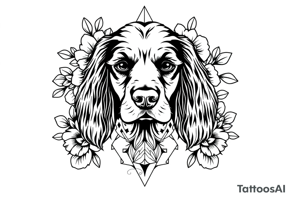 Female Cocker spaniel head with gothic flowers and geometric boarder tattoo idea