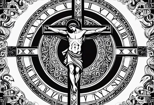 Crucified man inside a circle of Roman numerals with roman numerals on it tattoo idea