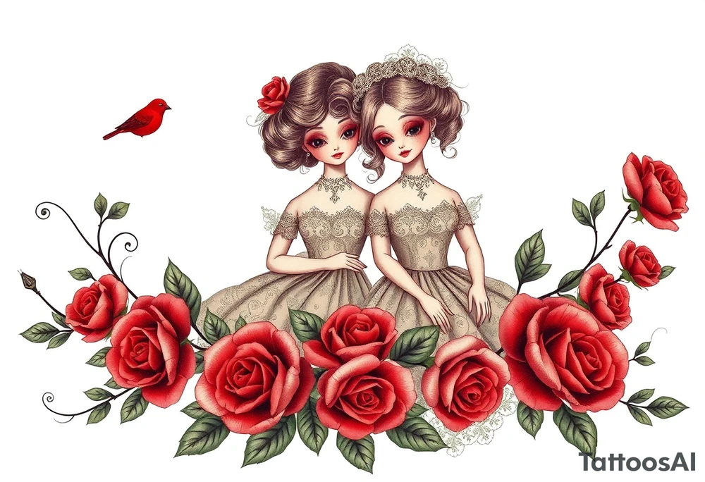 Vintage dollies, red roses, lace, red bird, vintage, wrap around, tighter together, no space open tattoo idea