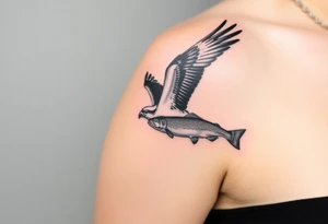 Osprey in flight with a trout grasped between its talons tattoo idea