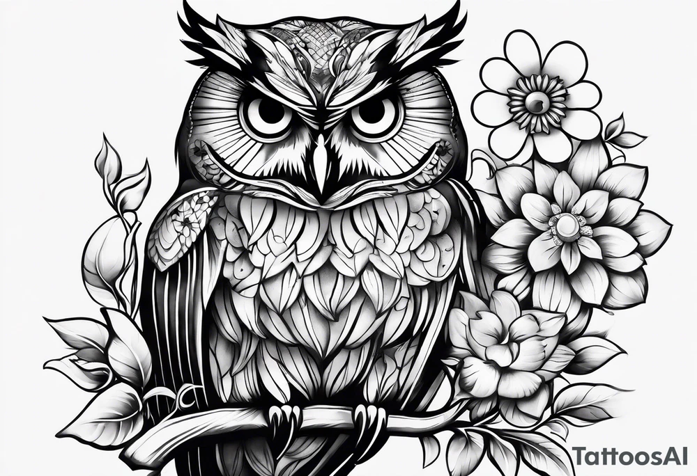 Stomach tattoo full OWL and flower tattoo idea