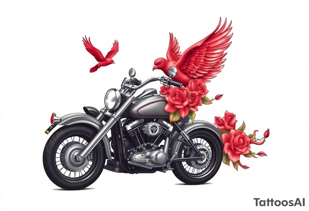 Harley grey motorcycle driving away, two red birds flying, roses, flames, angel wings tattoo idea