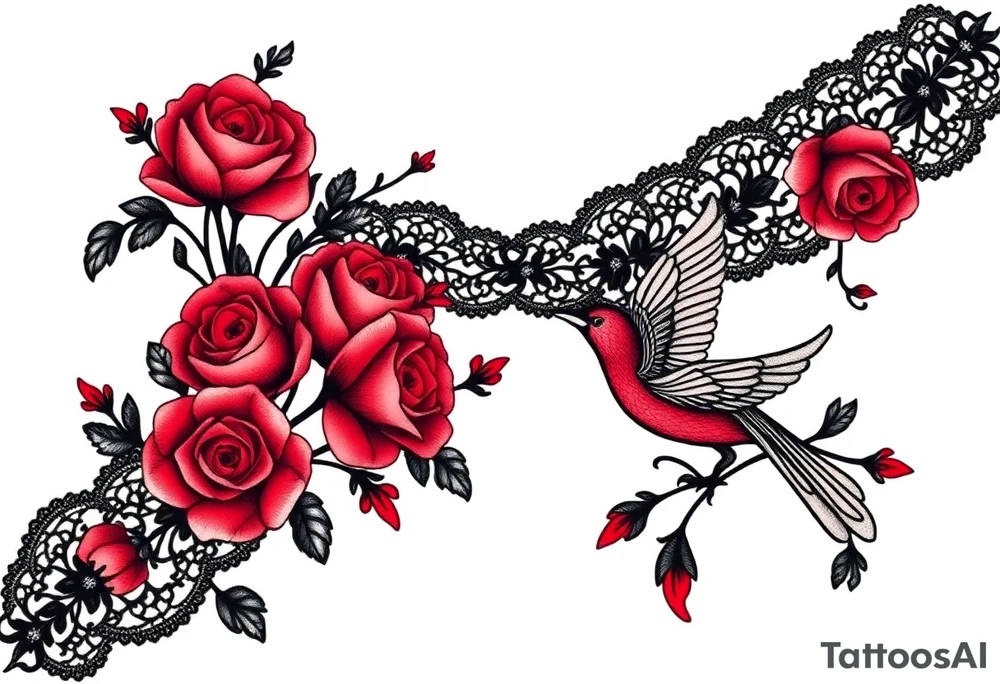 Vintage black lace, red roses, red birds, vintage, wrap around, tighter together, no space open tattoo idea