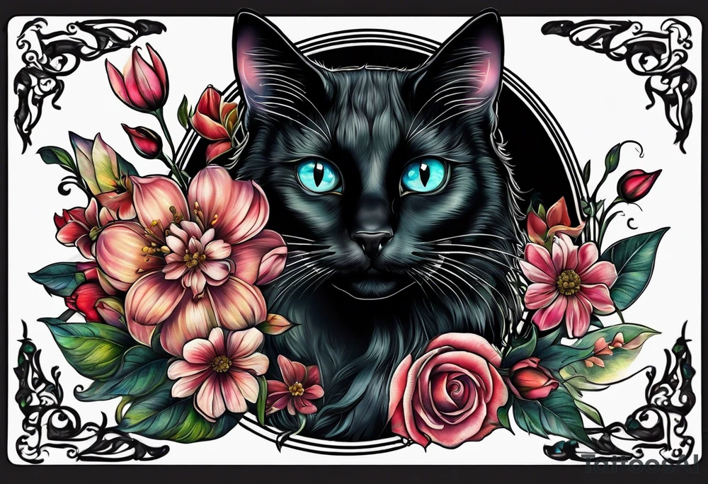 Photo realistic black cat with moon and flowers tattoo idea