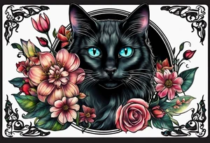 Photo realistic black cat with moon and flowers tattoo idea