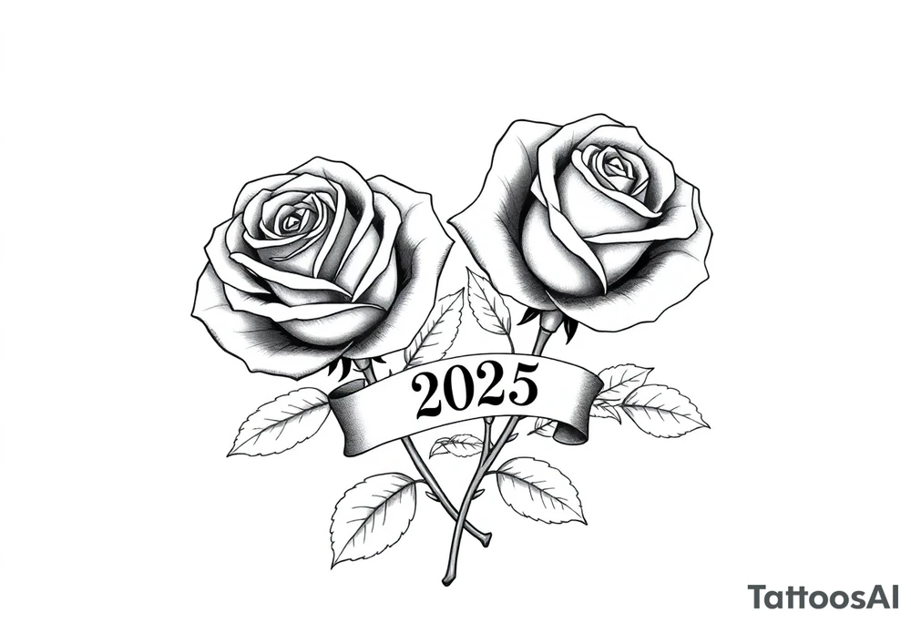 two beautiful large rose buds, one larger than the other, with lots and lots of leaves next to the rose buds, with one sitting slightly higher than the other, side-by-side.  Include a banner connecting the two roses with the year 2025 on it.   Use dark outlines with little shading. No stems tattoo idea
