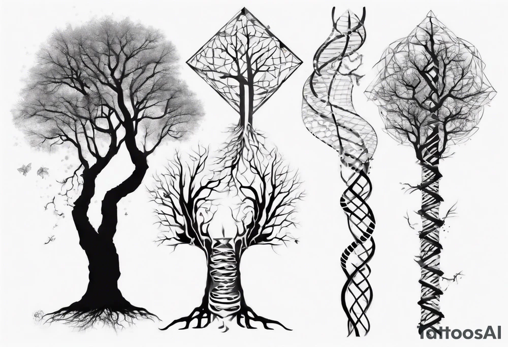Tree with no leaves with it's main trunk main of DNA with geometic work on sides tattoo idea Tree with no leaves with it's main trunk main of DNA with geometic work on sides tattoo idea