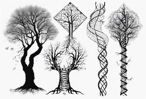 Tree with no leaves with it's main trunk main of DNA with geometic work on sides tattoo idea