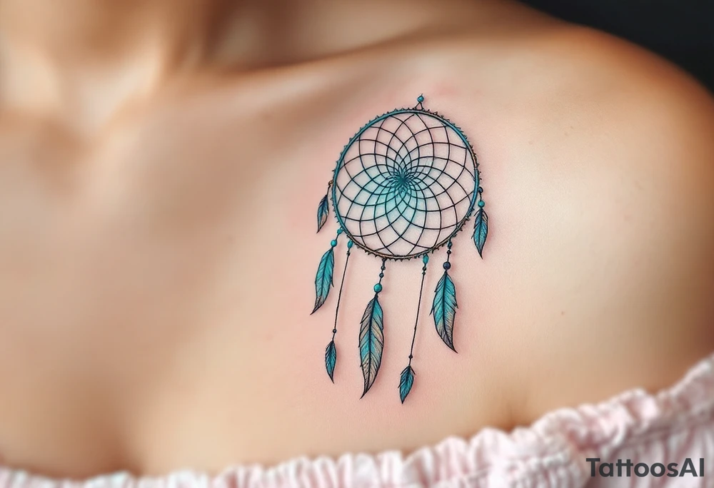 Verunka encircled by a light teal dreamcatcher, with tiny feathers. tattoo idea