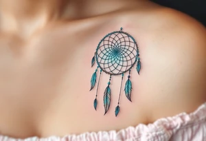Verunka encircled by a light teal dreamcatcher, with tiny feathers. tattoo idea