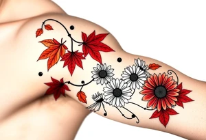 Create a vine with Maple leaves in red, orange and brown and gerbera daisies connected with thin swirly lines. Add in a dandelion wish and a dragonfly tattoo idea