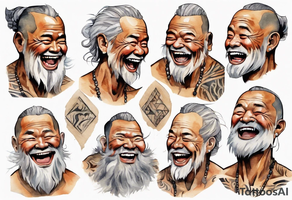 a solitary Samoan man with a grey beard laughing tattoo idea