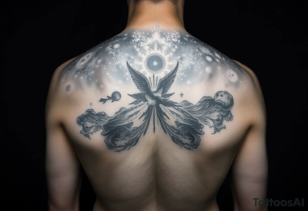 cover up tattoo inspired by the milky way that covers the upper portion of the back that is hyper realstic tattoo idea