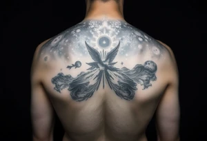 cover up tattoo inspired by the milky way that covers the upper portion of the back that is hyper realstic tattoo idea