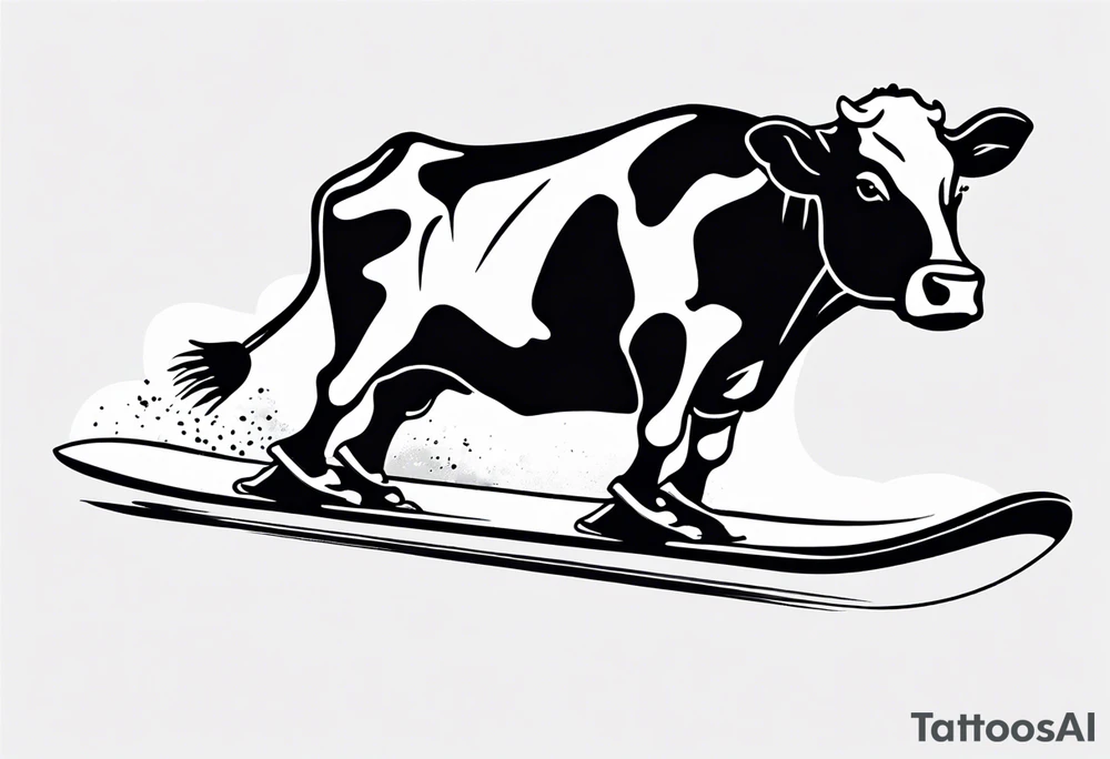 Generate a minimalist and simple black and white tattoo design featuring a joyful cow snowboarding, wearing goggles. Focus on essential lines and details to convey the playful spirit of the scene. The cow should exude confidence while effortlessly snowboarding down a snowy slope. Keep the design clean and uncluttered, suitable for a small to medium-sized tattoo space. Emphasize the charm and whimsy with the addition of goggles, ensuring the overall aesthetic remains simple and minimalistic. The goal is to create a visually appealing and easily recognizable tattoo that captures the essence of a cow enjoying a snowboarding adventure tattoo idea