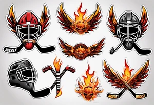 hockey puck with flaming wings and a goalie mask and crossed hockey sticks that says "SHOT HOCKEY" tattoo idea