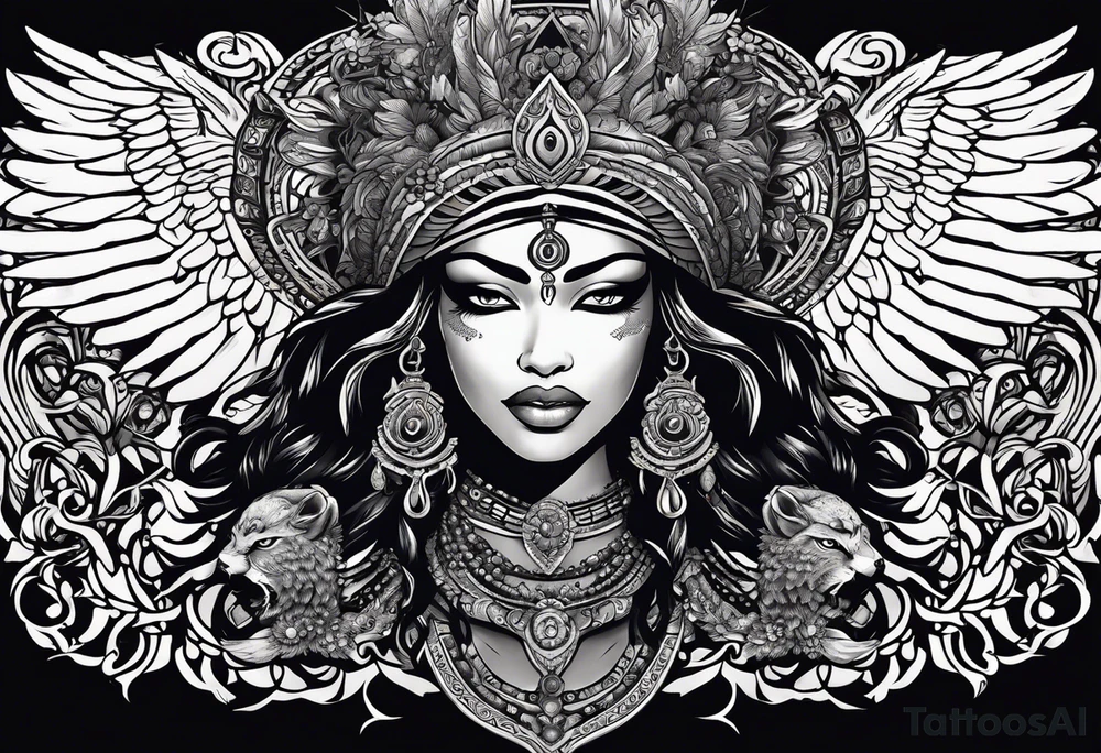 black kali, goddess pirate, alien, angel, pachamama, valkrye, warrior, flying, skull, lotus azul, wing, eagle, zenza resonance, stars, 5D, anahata chakra, death, durga, riding on a tiger, flying lady, kundalini, chest tatoo, samuri, rebel tattoo idea