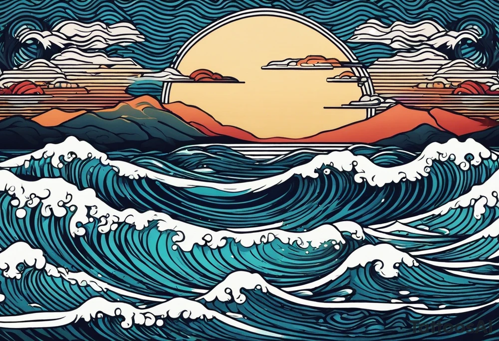 waves in ocean simple with in circle with sun
vintage design tattoo idea