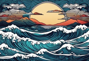 waves in ocean simple with in circle with sun
vintage design tattoo idea