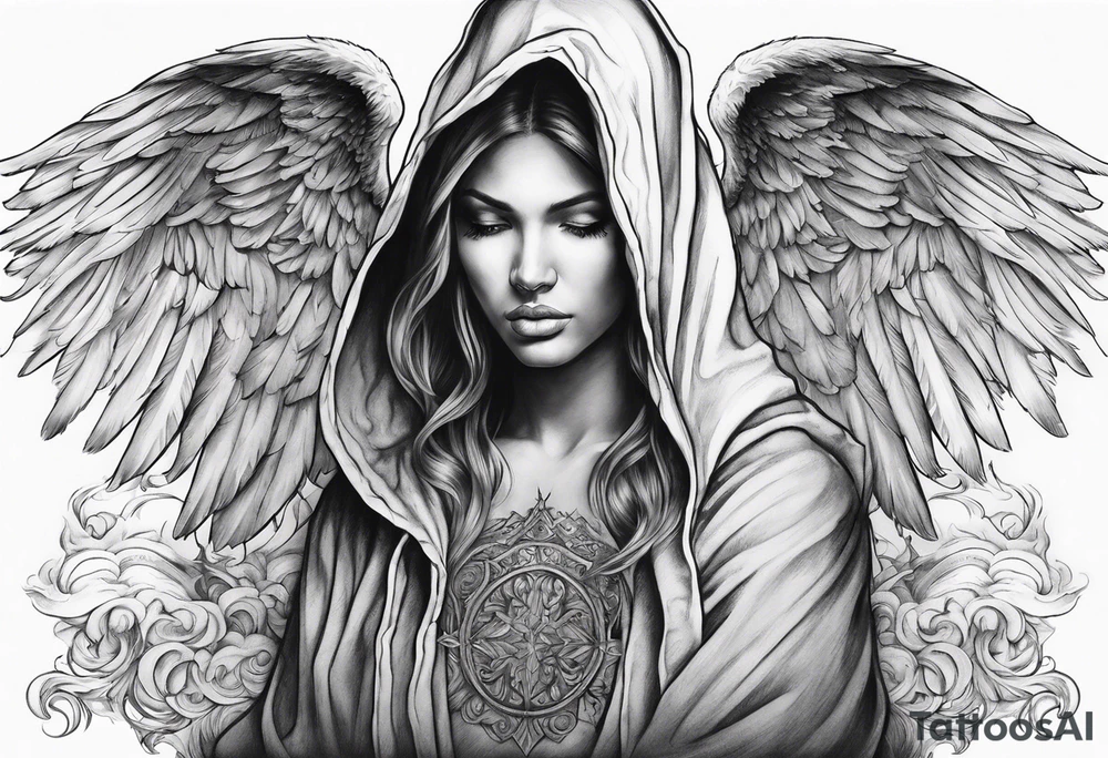 one big hooded angel with 3 angels flying in the back with shading and clouds tattoo idea
