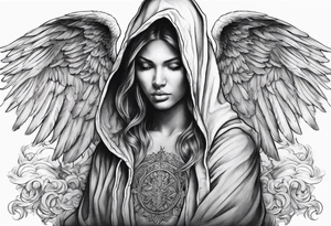 one big hooded angel with 3 angels flying in the back with shading and clouds tattoo idea