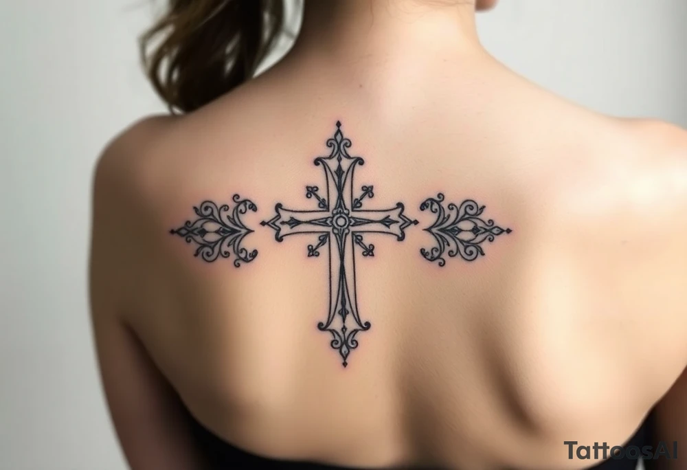 christian cross, surrounded by geometrics ornaments tattoo idea