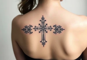 christian cross, surrounded by geometrics ornaments tattoo idea