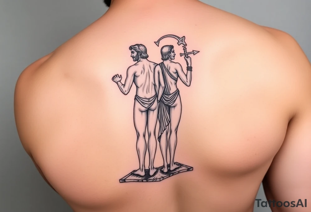 dionysos and apollo standing back on back tattoo idea