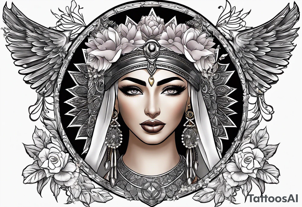 Isis (top center): With wings and the sun disc on her head, holding the ankh.
Iustitia (bottom left): With scales and sword, blindfolded.
Aphrodite (lower right): Decorated with flowers and doves. tattoo idea