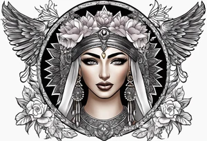 Isis (top center): With wings and the sun disc on her head, holding the ankh.
Iustitia (bottom left): With scales and sword, blindfolded.
Aphrodite (lower right): Decorated with flowers and doves. tattoo idea